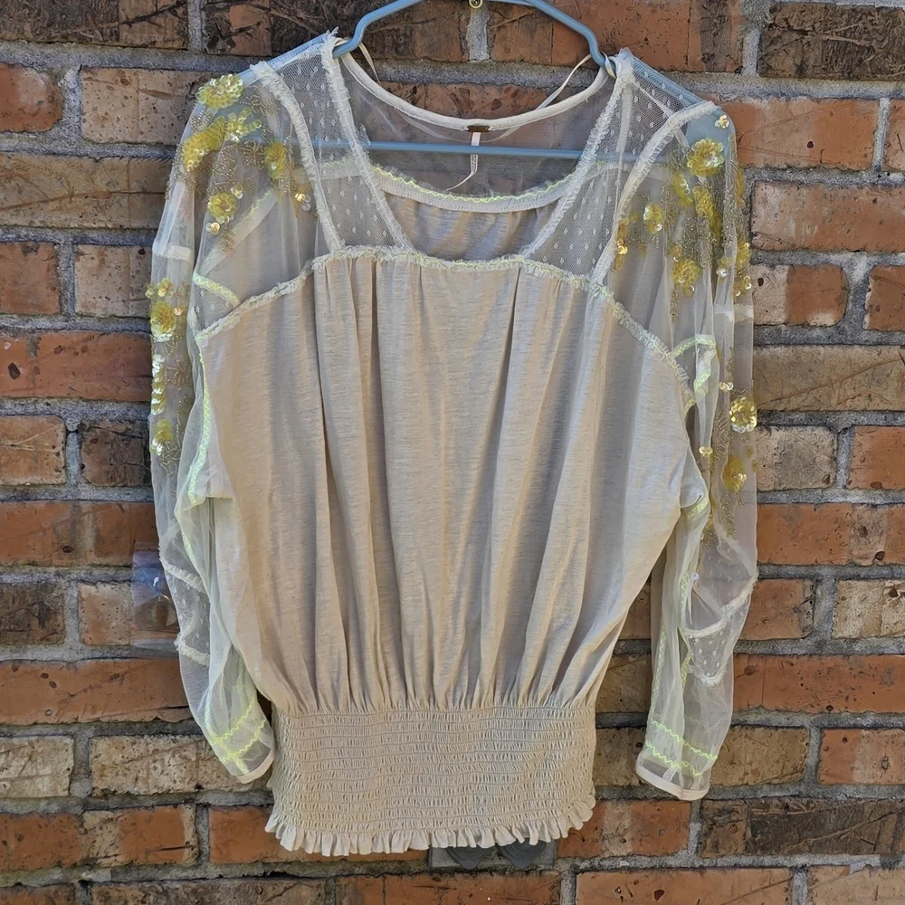 Free People Cream Blouse with Gold Embroidery